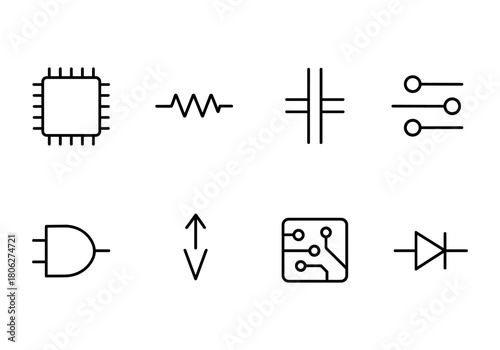Minimalist black and white electronic circuit icons set for technology designs