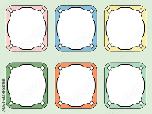 Colorful Decorative Labels with Ornate Corners and Star Accents – Pink, Blue, Yellow, Green, Orange, Teal – Blank Center for Notes, Tags, Stickers, Scrapbooking, Classroom Decor – Mint Background