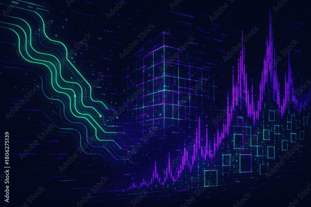Naklejka premium Futuristic digital landscape showcasing data visualization with dynamic charts and circuit like patterns reflecting advanced technology and analytics potential