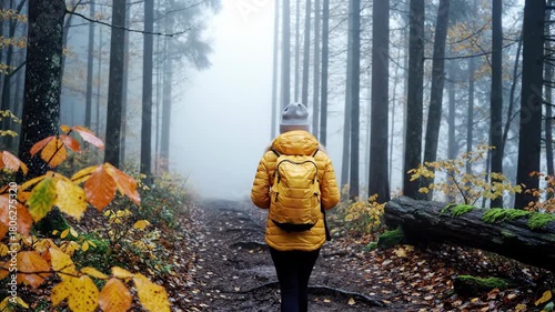 Woman hiking deep into misty autumn forest wearing bright yellow jacket.