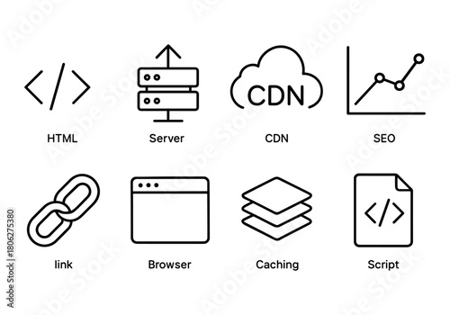 Minimalist technology icons set featuring html, server, and seo elements