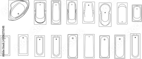 Vector line drawings of various bathtub shapes and sizes in plan view, including corner, rectangular, and oval styles, for architectural layouts.
