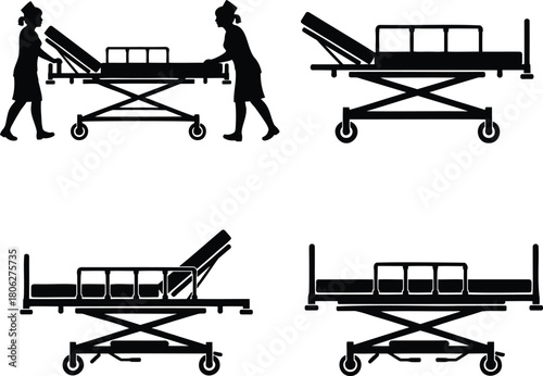 Hospital Medical Stretcher and Nurse Silhouette Vector Set