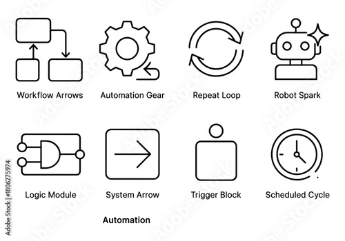 Automation icons: workflow arrows, gears, trigger blocks, and robot spark designs