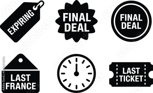 Final deal, expiring offer, last chance, timer icons, last ticket. Discount sale tags. Vector illustration