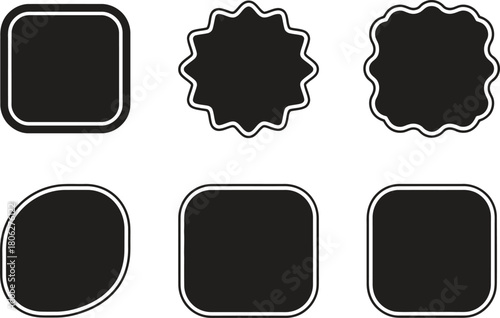 Rounded, scalloped, square labels and price tags. Blank badge icons. Vector design
