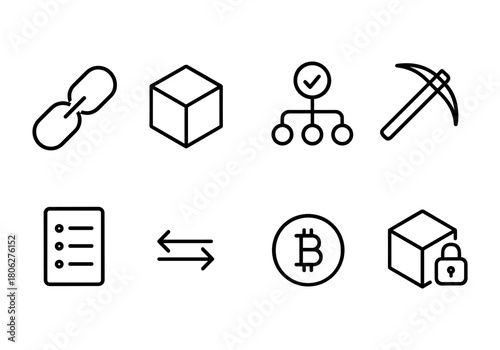 Blockchain technology icons featuring cryptocurrency, mining, and data security in linear style