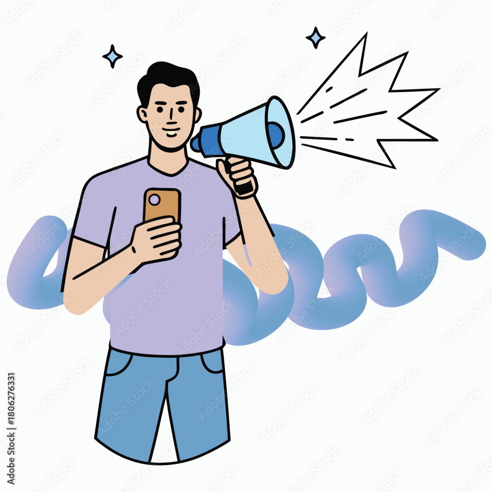 Fototapeta premium Man holding megaphone and smartphone with announcement sound waves and starbursts, digital illustration