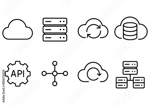 Cloud computing icons set featuring api, servers, and data synchronization in linear style