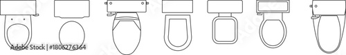 Vector line drawings of various toilet designs in plan view, showing different shapes and styles, used for detailed architectural plans.