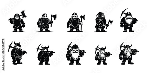 Dwarf Warrior and Miner Icon Set  Fantasy Viking Characters Illustration