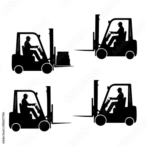 Forklift Operator Silhouettes Vector Set: Industrial Material Handling Equipment Icons Showing Lifting, Transporting, and Warehouse Logistics Activity in Black and White
