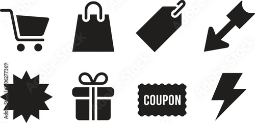 Shopping icons, cart, bag, price tag, discount arrow, gift, coupon, sale badge. Vector illustration