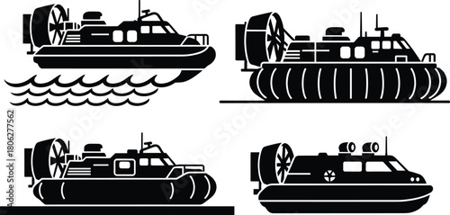 Hovercraft Boat Silhouette Vector Set