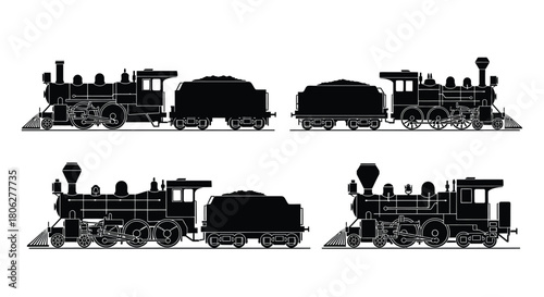 Black silhouette illustrations of vintage steam locomotives and rail cars