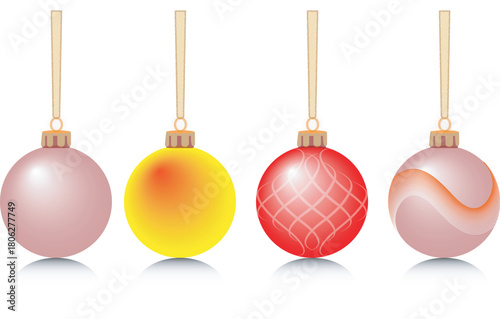 Four colorful hanging ornaments with reflective surfaces and diverse patterns