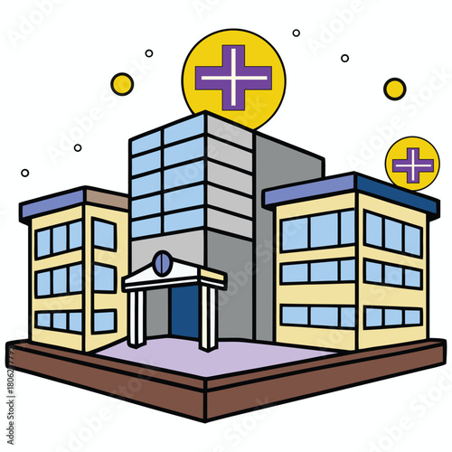 Stylized illustration of a modern hospital building with prominent medical cross symbols, representing healthcare services and facility.