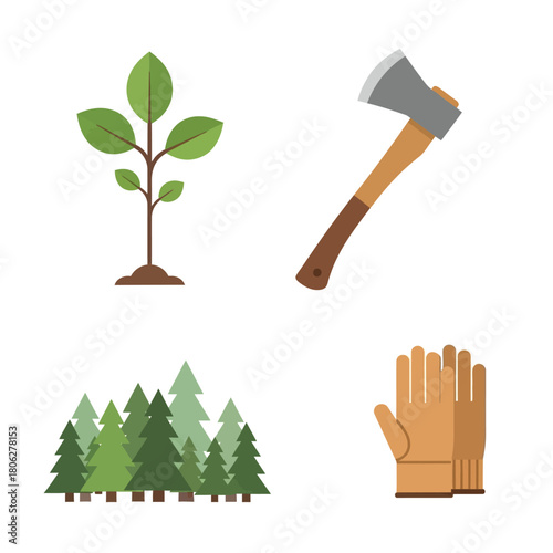 Vector illustration featuring a young tree, an axe, a forest, and work gloves.
