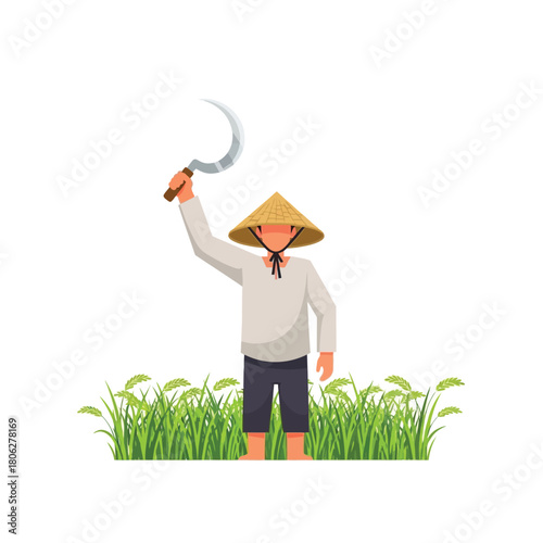A farmer wearing a conical hat stands in a field, holding a sickle above his head.