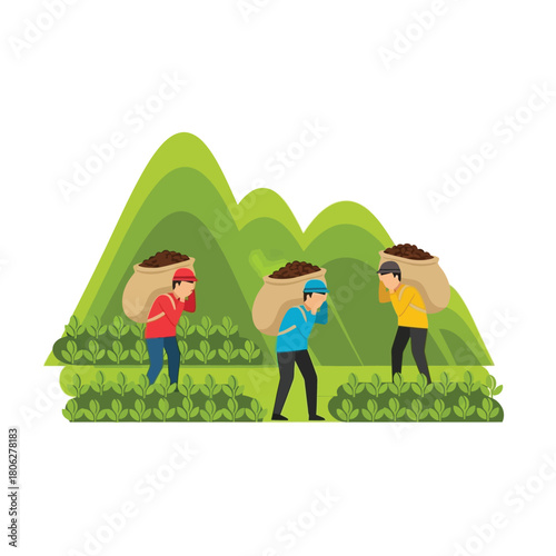 Three farmers carry sacks on their backs in a field with green mountains in the background.