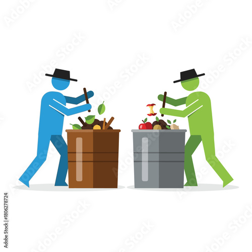 Two stylized figures composting organic waste in separate containers, stirring with sticks.