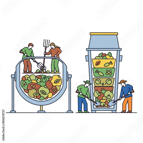 People composting organic waste in large containers, using tools to manage the process.