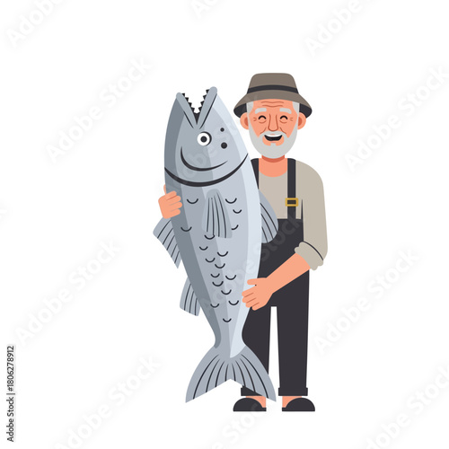Smiling elderly fisherman holding a large, freshly caught fish.
