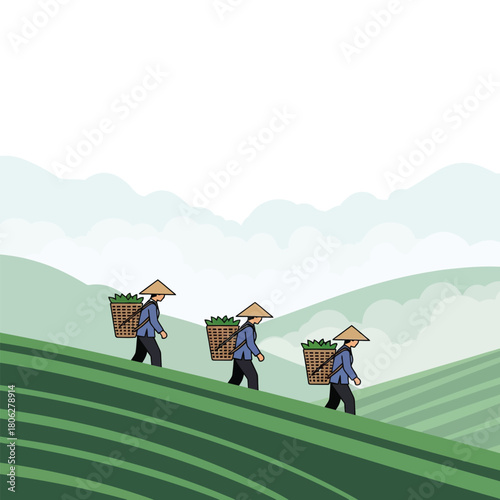 Three farmers with conical hats carry baskets on a green terraced hillside with mountains in the background.