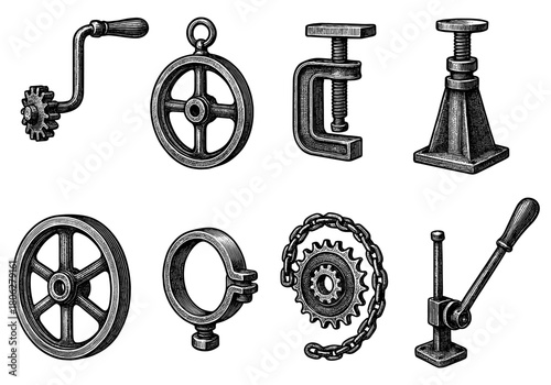 Vintage mechanical tools set engraving style for industrial design projects