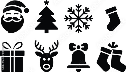 Christmas icons, Santa, reindeer, tree, snowflake, bell, gift, stocking. Winter holiday vector illustrations