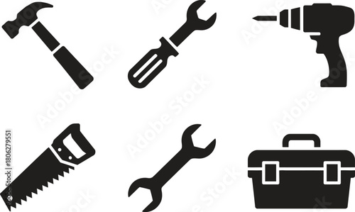 Hand tools, hammer, wrench, screwdriver, saw, drill, toolbox. Repair and construction tools. Vector illustration