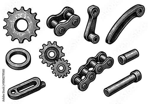 Hand drawn mechanical parts collection featuring gears and chains