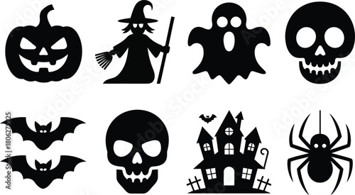 Halloween icons, pumpkin, witch, ghost, skull, bat, haunted house, spider, spooky design. Vector illustration