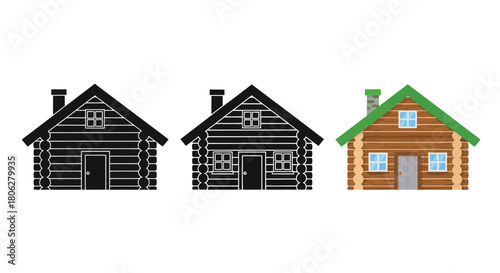 Three variations of a log cabin illustration with differing styles