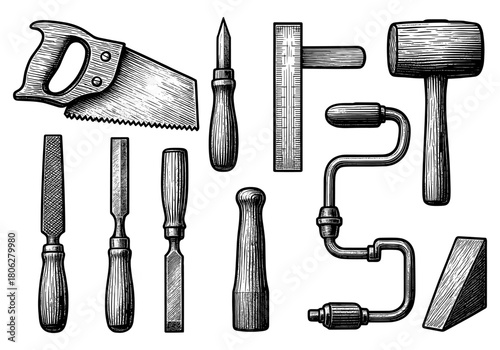 Vintage hand tools set: engraved style woodworking tools collection
