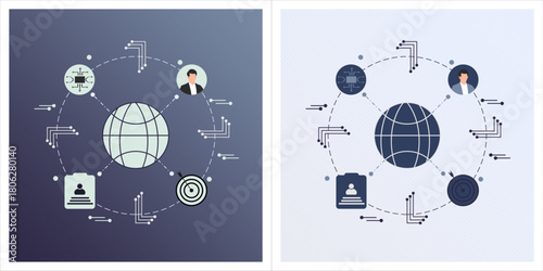 Modern flat vector illustration representing global connectivity and digital network systems. Perfect for themes like international business, AI technology, internet networks.