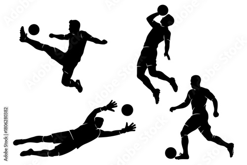 Dynamic black silhouettes of soccer players in action capturing the excitement of a football match