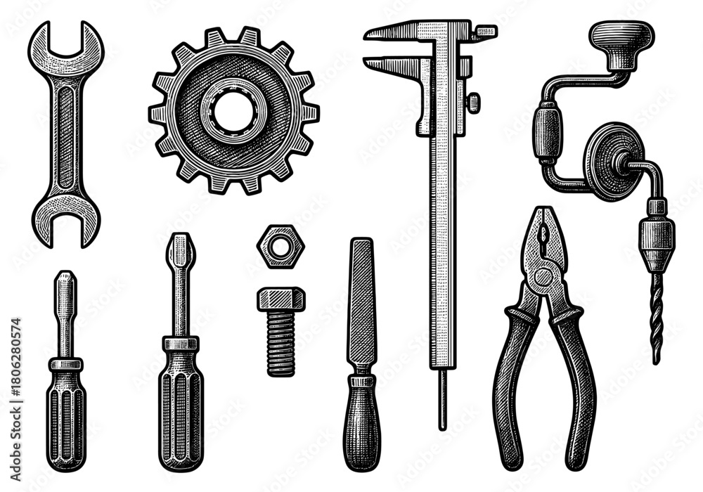Fototapeta premium Hand engraved toolbox tools collection in vintage style