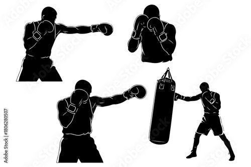 Collection of black silhouette illustrations of boxers in various poses training and fighting against a white background