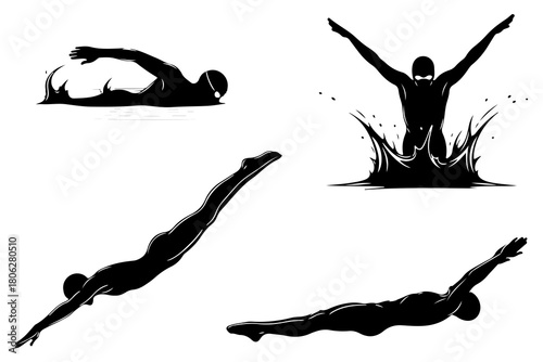 Collection of dynamic black silhouette illustrations depicting swimmers in various poses and actions on a white background
