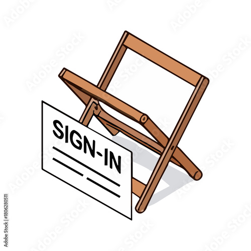 A wooden folding chair with a sign that says "SIGN-IN" attached to its front.
