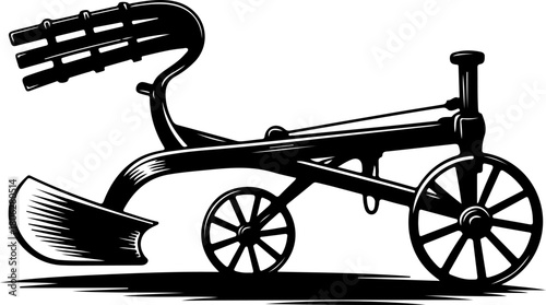 Vintage Agricultural Plow Woodcut silhouette vector illustration