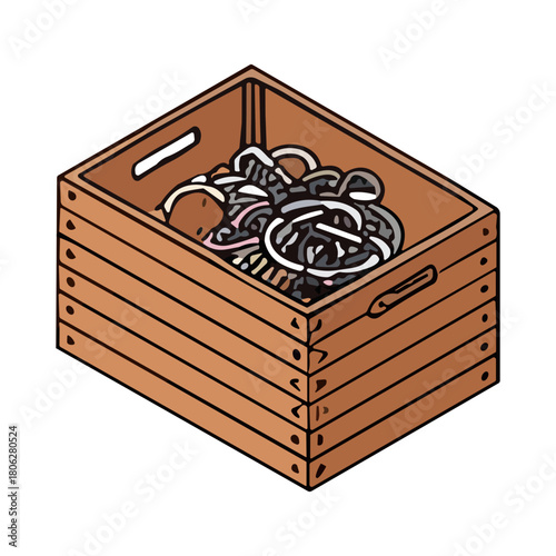 A wooden crate filled with a tangled mess of metal chains and fasteners.