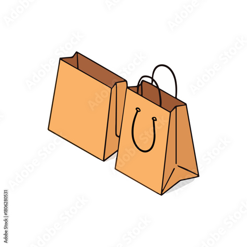 Two brown paper shopping bags, one with handles, are shown in an isometric perspective against a white background.