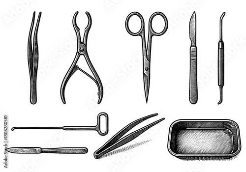 Vintage surgical tools engraving style collection for medical themes