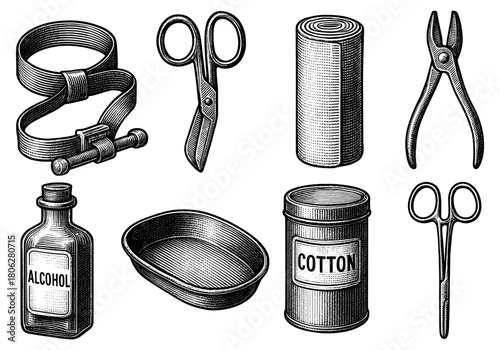 Vintage medical tools collection with scissors, bandages, and bottles