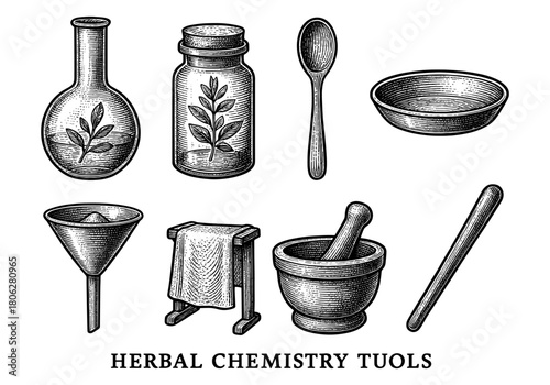 Vintage herbal chemistry tools: hand-drawn botanical laboratory equipment set