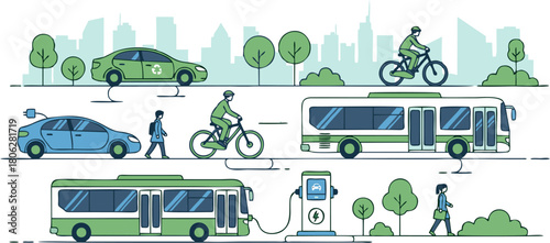 Sustainable Transportation Electric Vehicles, Buses, Bicycles, and Pedestrians in a Green City