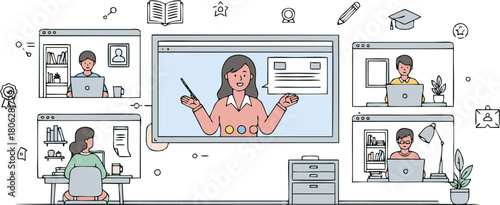 Virtual classroom concept with a female teacher instructing students remotely through a web conference, illustrating modern online education and distance learning