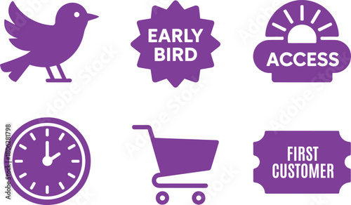 Early bird, customer, clock, shopping cart icons for promotion, sale, first access. Vector illustration